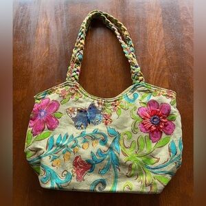 Kate McRostie Canvas Raffia Shoulder Bag Butterfly Flower